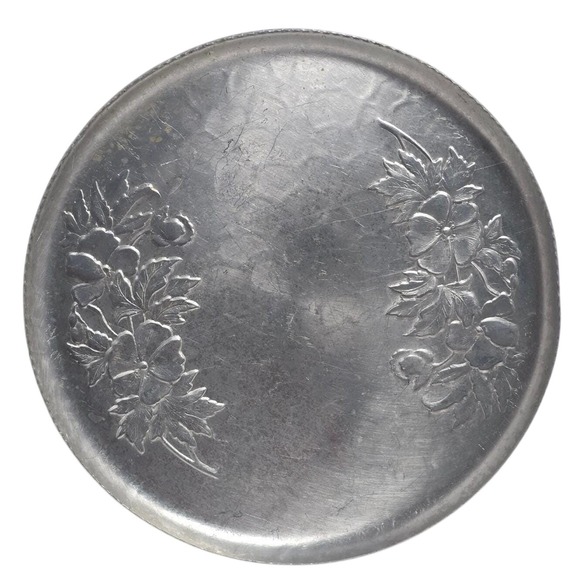 Other - Vintage 1940s 1950s Aluminum Round Serving Tray 11 in Embossed Floral